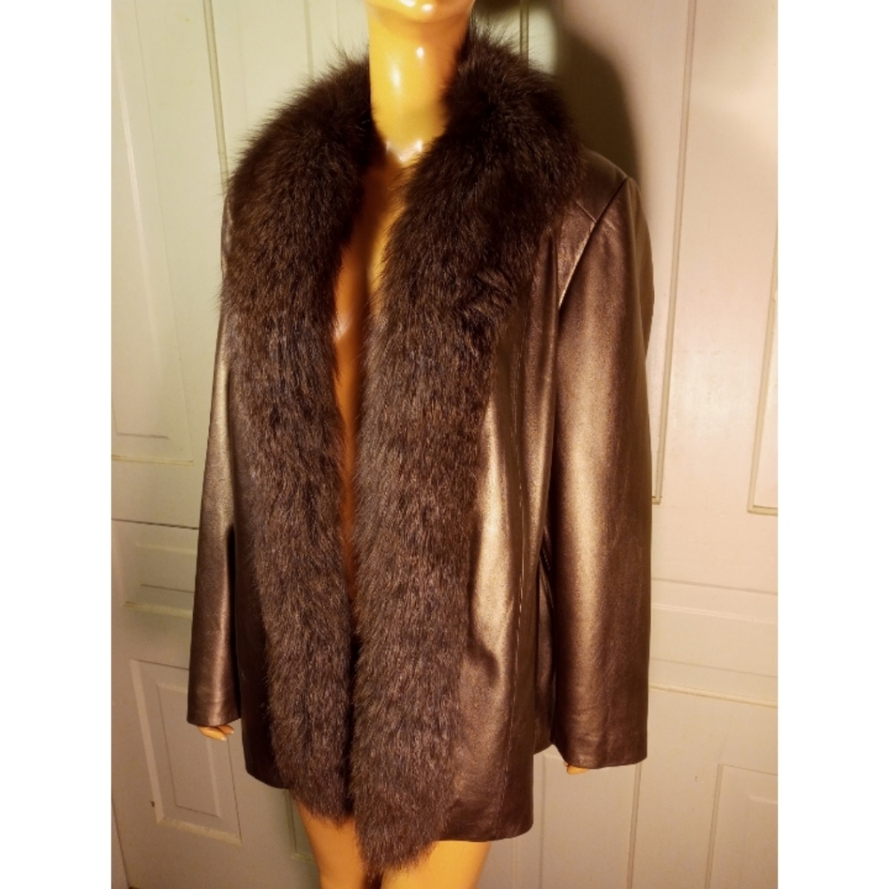 Real fox & leather coat fur collar genuine authentic 100%